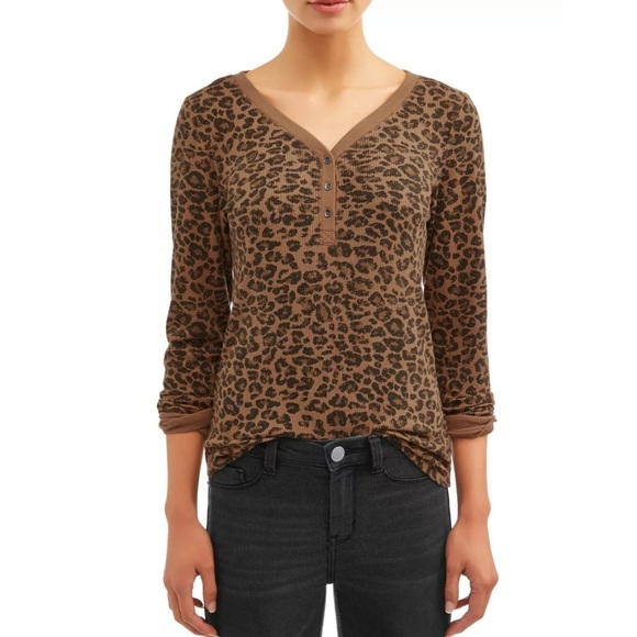 Time and Tru Tops - Time and Tru Henley Top Thermal Knit Long Sleeve Leopard